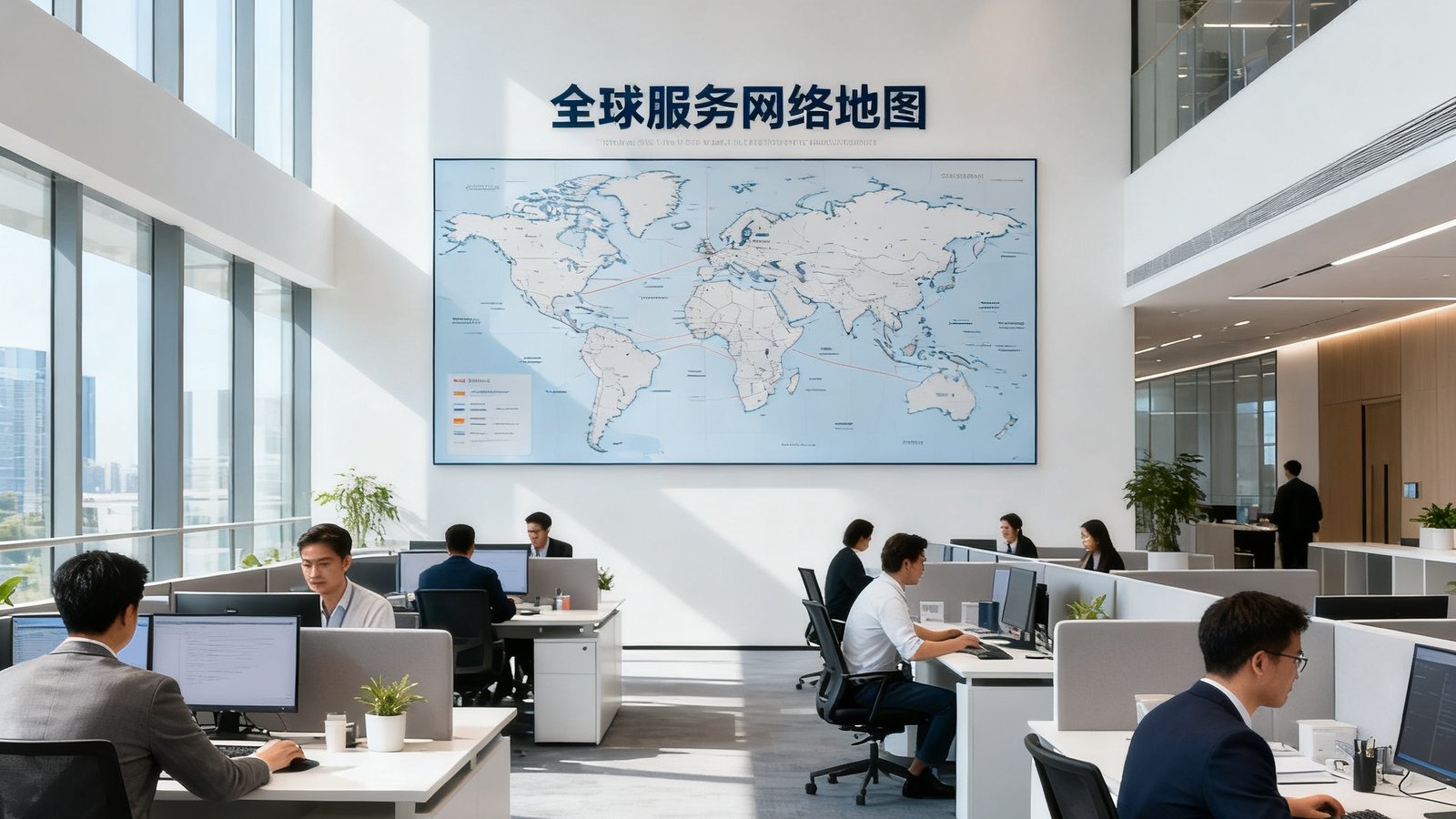 AG贵宾会集团总部开放式办公区实景：明亮通透的现代办公空间内，墙面悬挂全球服务网络地图，各部门员工专注协作，体现国际化团队氛围