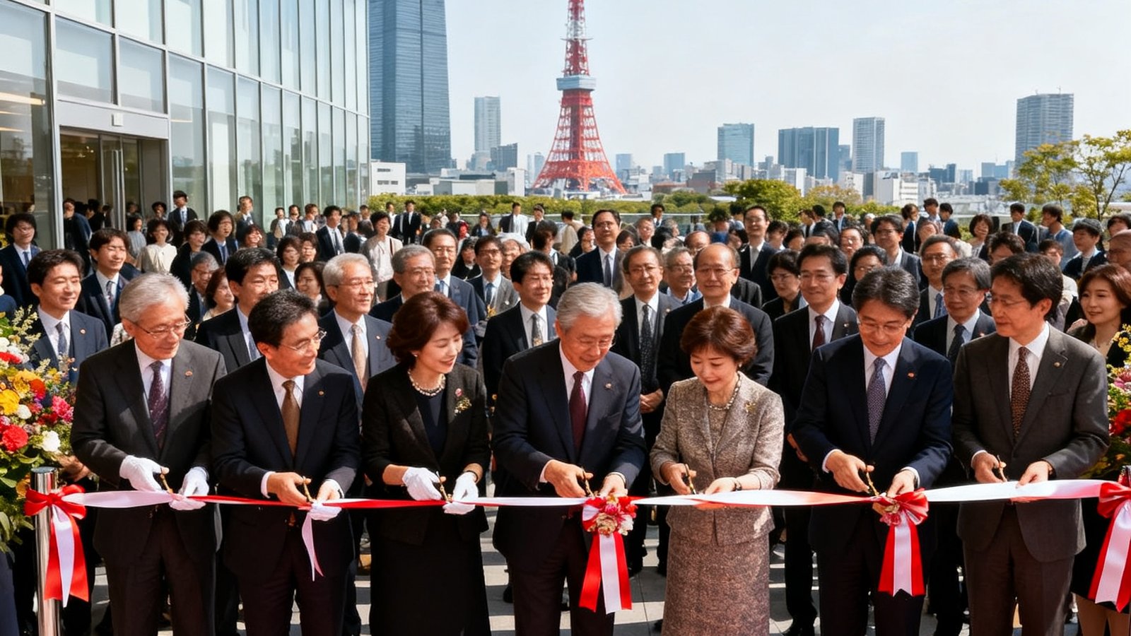 AG贵宾会集团东京区域中心开业典礼剪彩仪式现场，众多嘉宾云集，背景远处可见东京塔