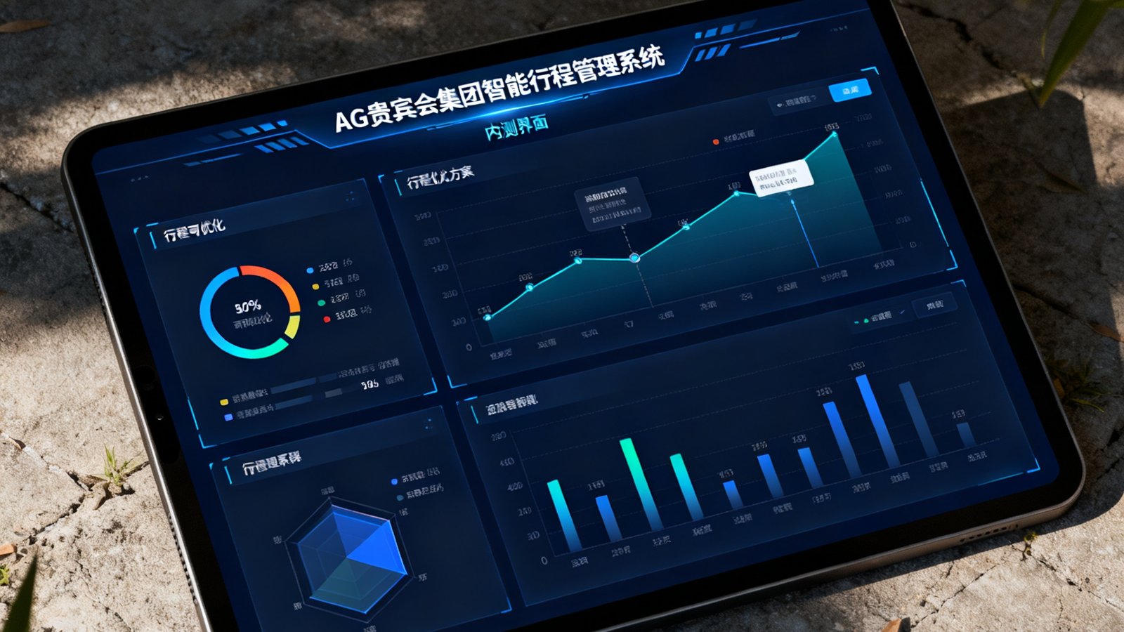AG贵宾会集团自主研发的智能行程管理系统内测界面展示，屏幕上的数据可视化图表清晰呈现行程优化方案