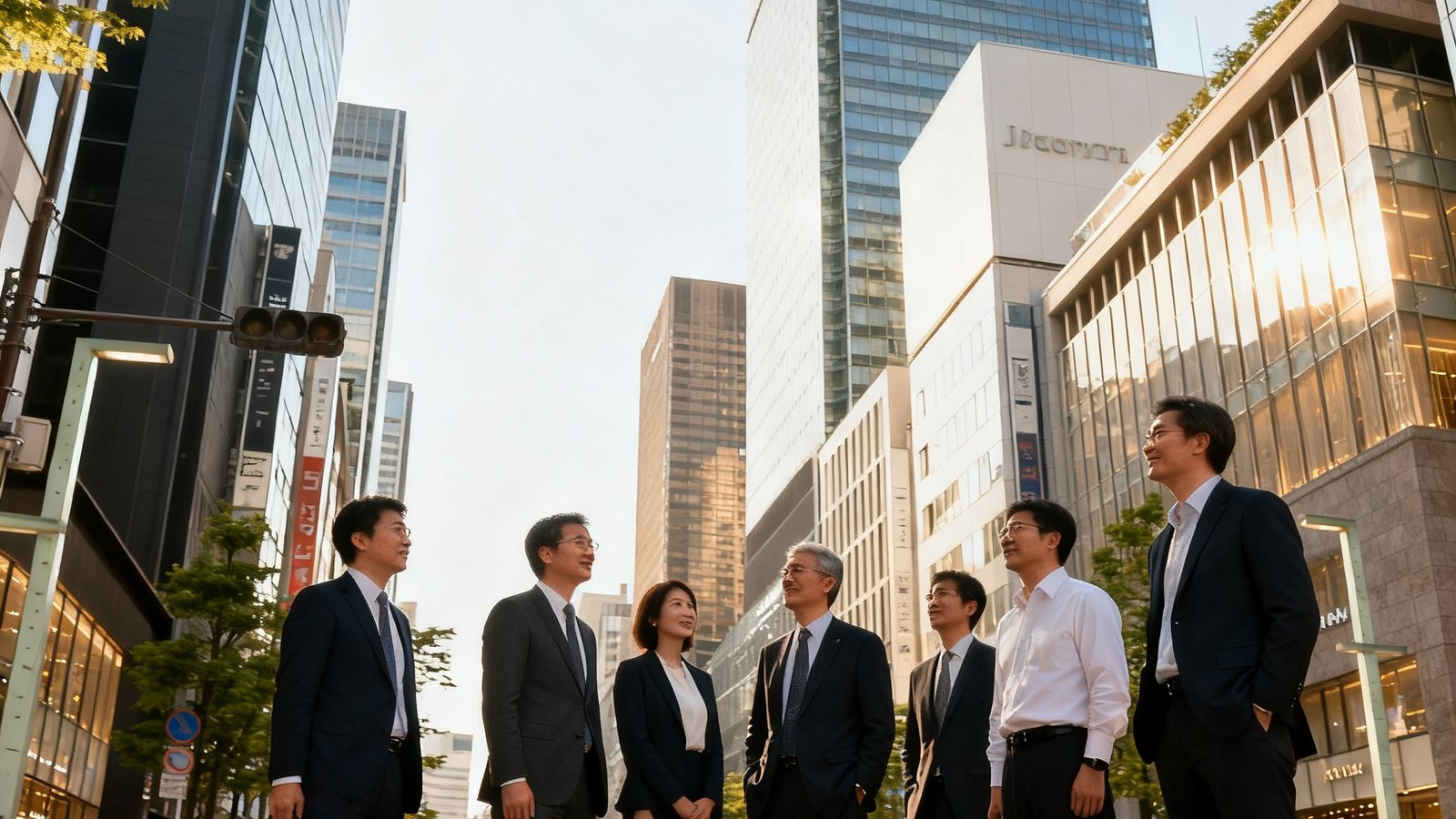 AG贵宾会集团商务考察路线定制服务场景：企业家团队在日本东京银座商业区进行高端商务考察，背景为现代摩天大楼与精致街景交融