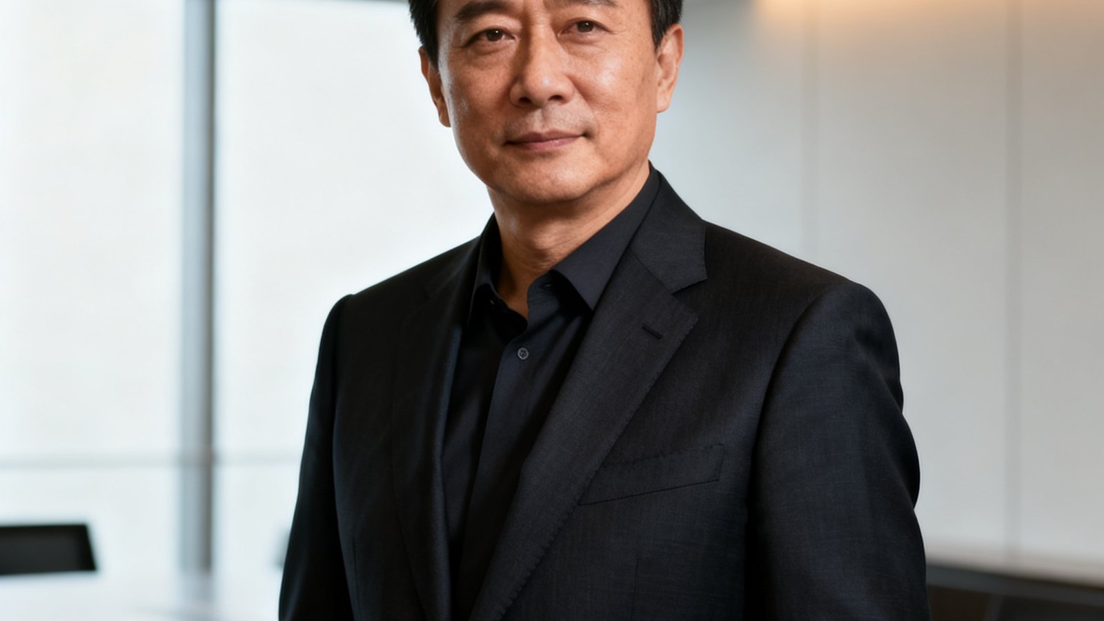 AG贵宾会集团创始人与CEO肖像：一位45岁左右的中国男性高管身着深色定制西装，在现代化办公室内展现自信沉稳的领导气质