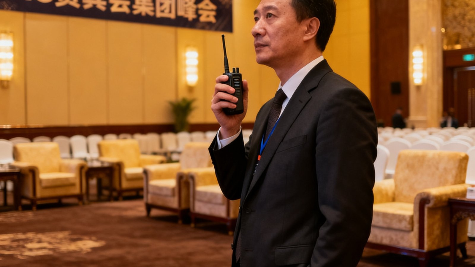 AG贵宾会集团峰会统筹策划总监：一位38岁左右的男性手持对讲机站在大型峰会现场，背景可见精致的贵宾厅布置，气场专业干练