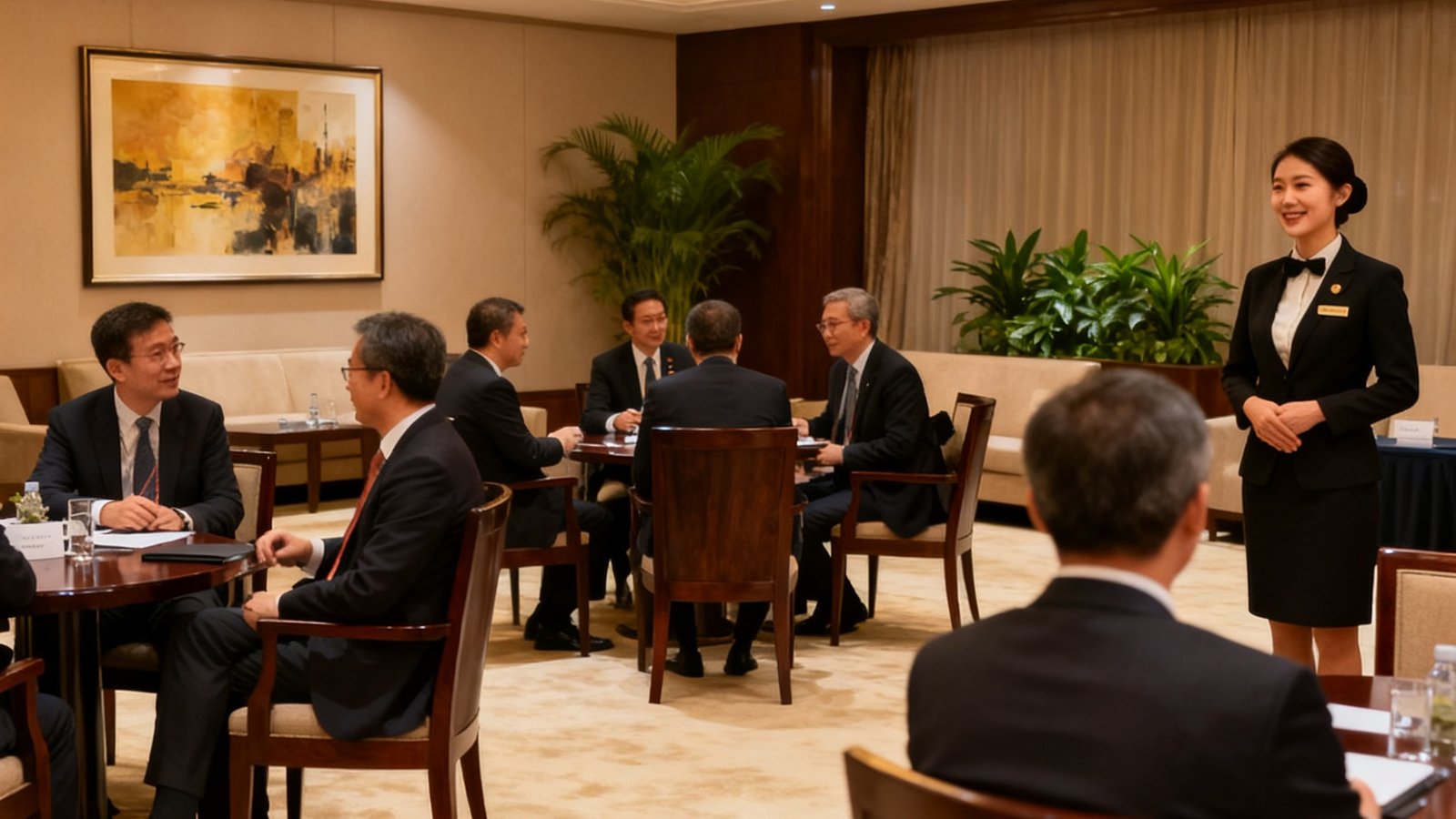 亚太区CEO峰会贵宾厅内景：参会嘉宾在AG贵宾会集团精心布置的优雅环境中自由交流，礼宾专员在旁提供微笑服务